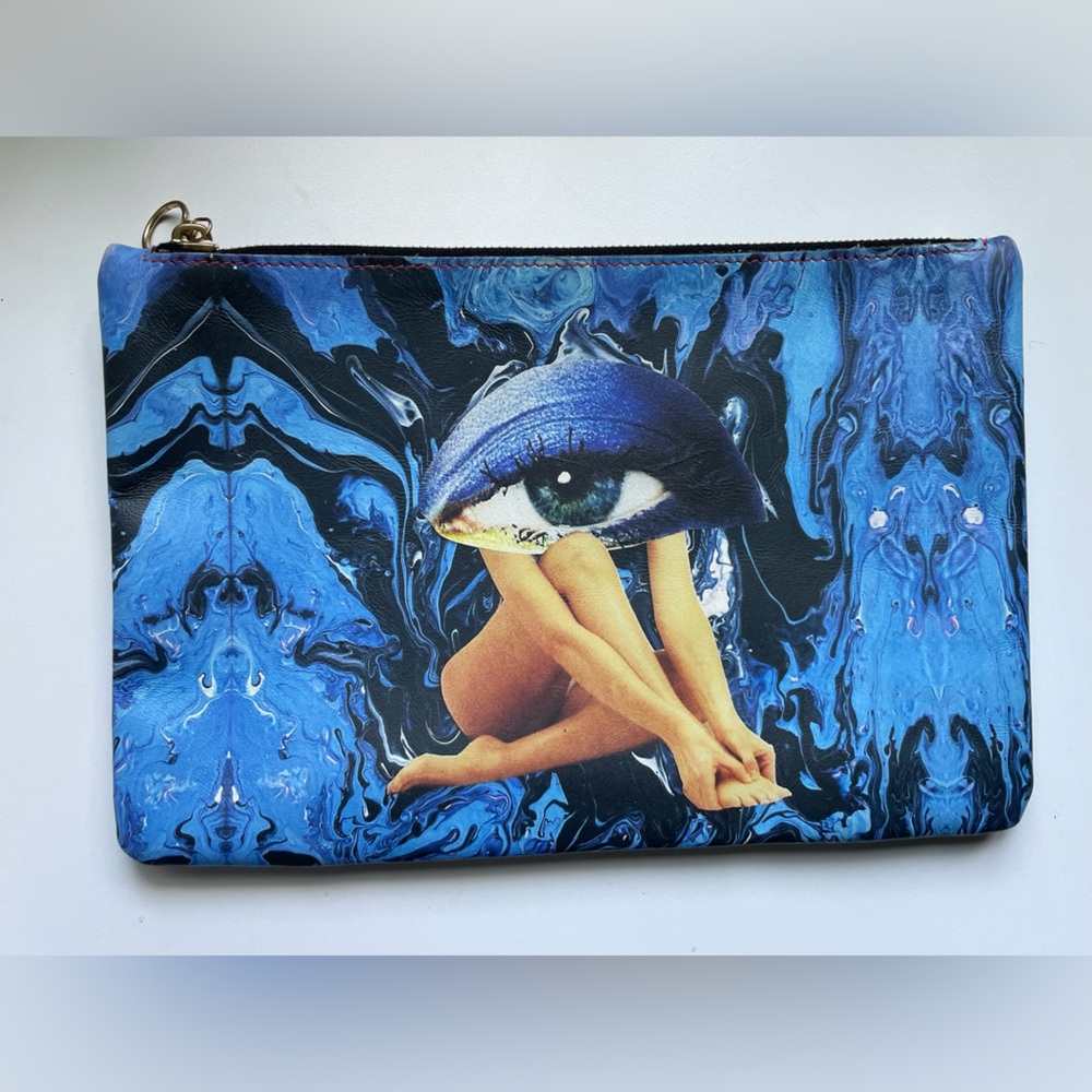 Leather Avant-Garde Artist Print Blue Clutch NWT